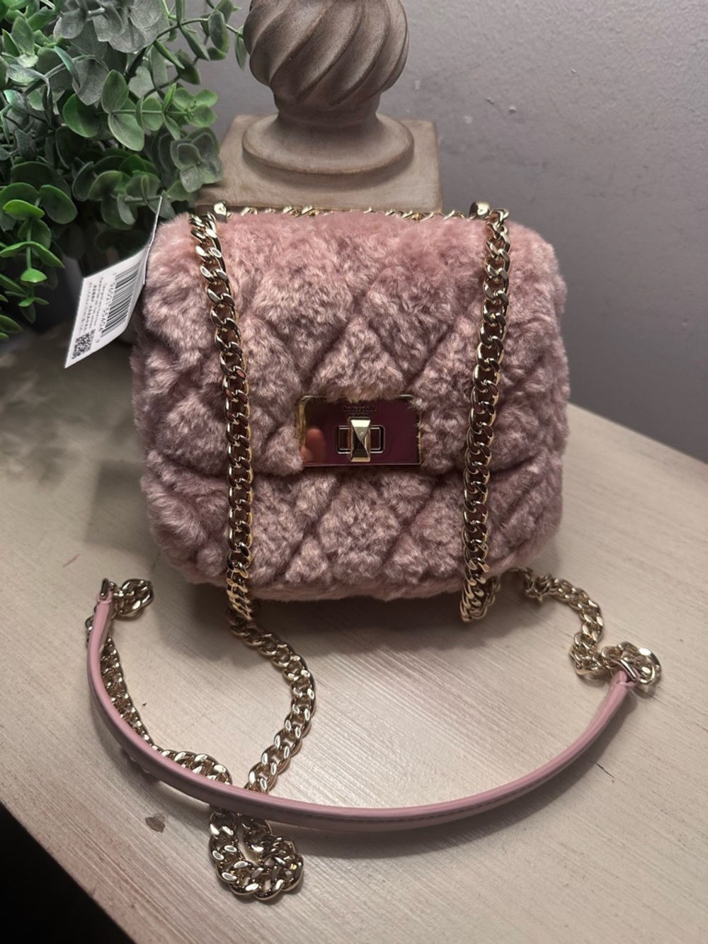 Kate Spade Rose Smoke Faux Fur Quilted Micro Flap Crossbody Bag - Picture 5 of 9